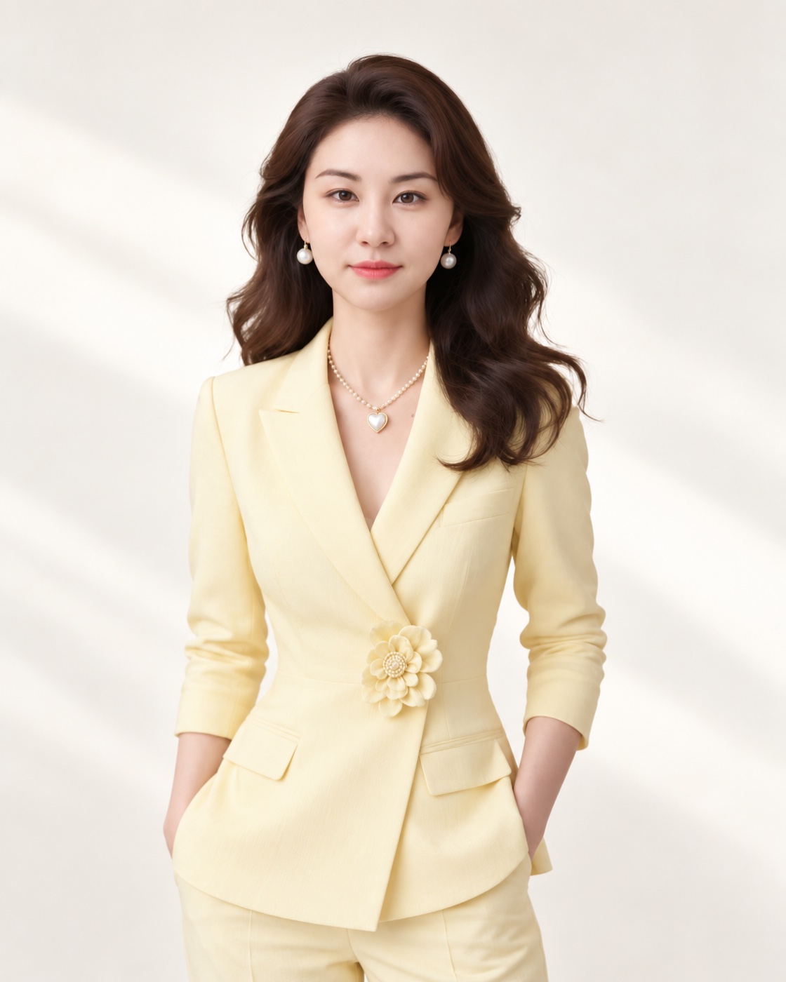欣悅慧平美學創辦人欣悅，身穿淡黃色套裝的形象照